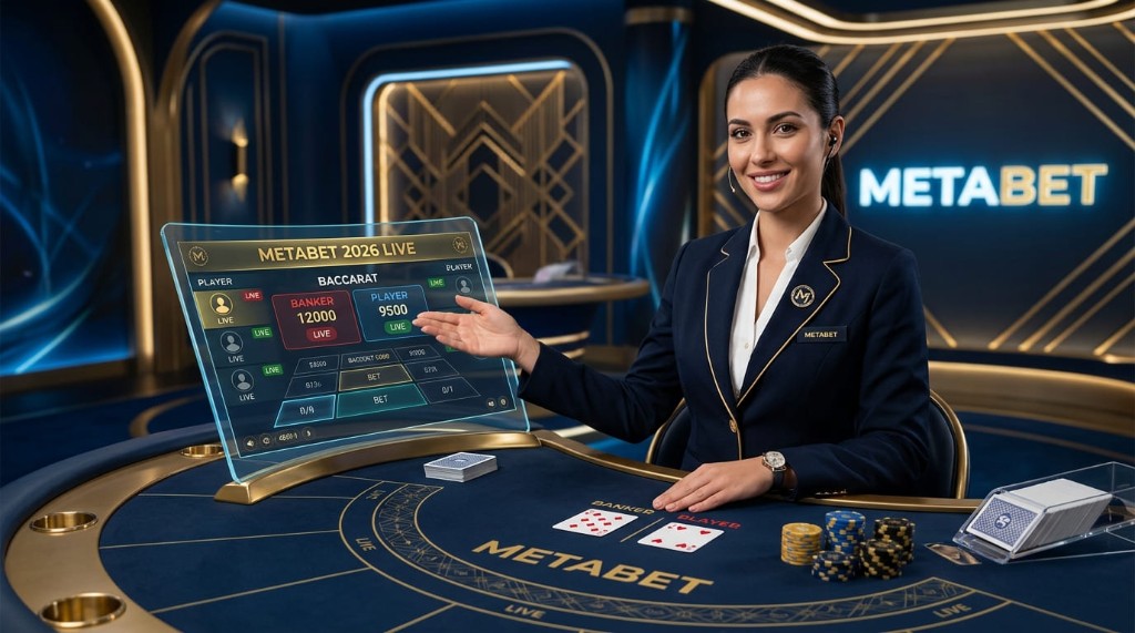 Crupier de baccarat en mesa en vivo Metabet con interfaz holográfica